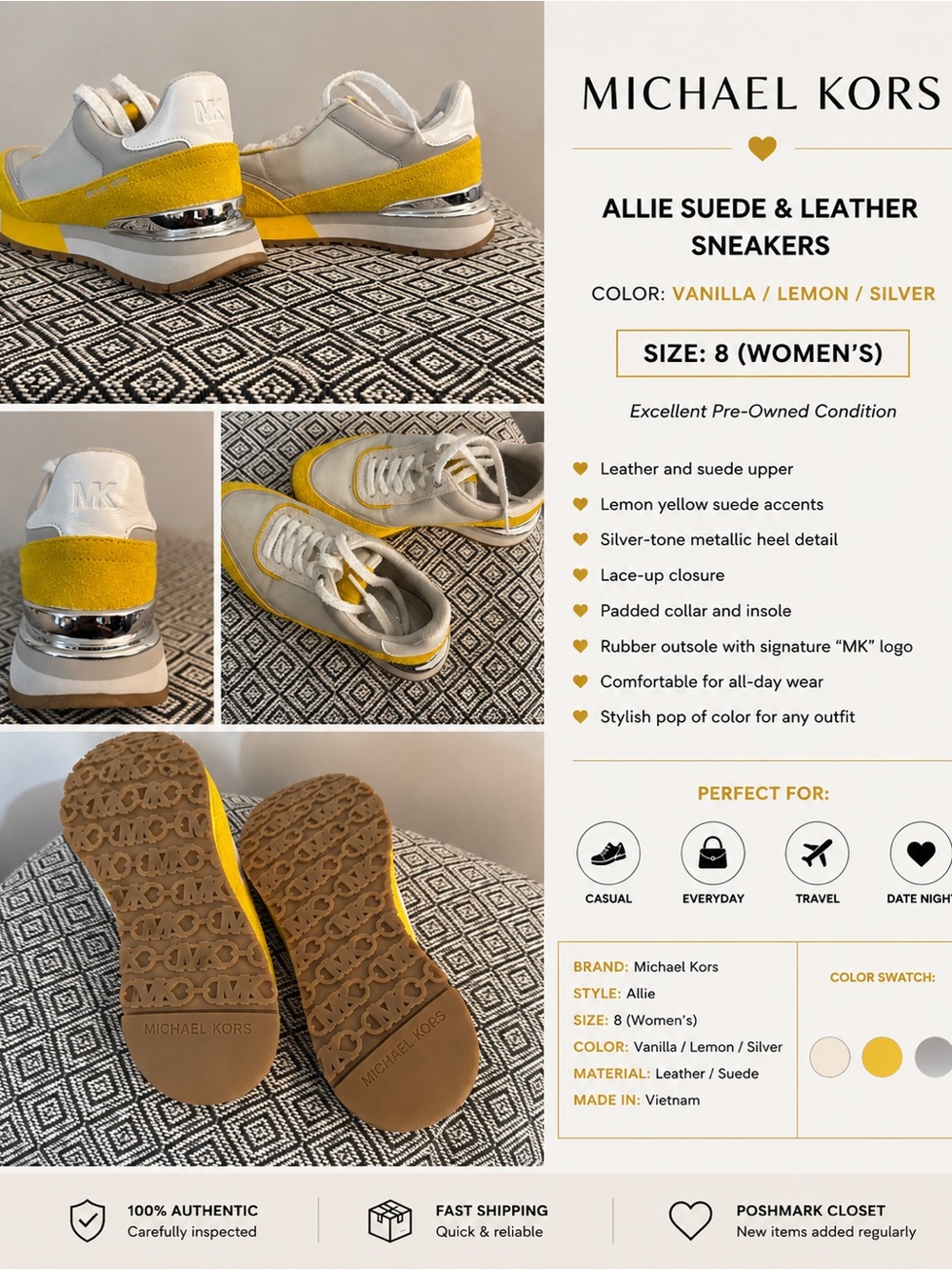 Michael Kors Allie Suede & Leather Sneakers — Vanilla & Lemon Yellow